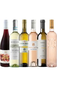 Sommerpaket mit sechs ausgewählten Weinen für heiße Tage, darunter Rosé, Sauvignon Blanc, Verdejo, Pinot Grigio und Pinot Noir.