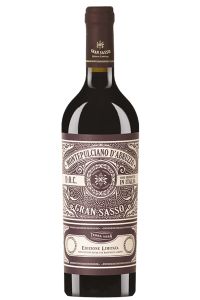 Flasche Gran Sasso Montepulciano d’Abruzzo DOC, italienischer Rotwein aus den Abruzzen mit Aromen von Kirsche und dunklen Beeren.