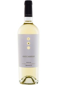 Flasche Luccarelli Bianco Puglia IGP 2025, frischer italienischer Weißwein aus Apulien mit 11,5% Alkohol, Zitrus, Apfel und Birne.