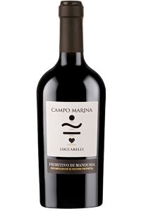 Luccarelli Campo Marina Primitivo di Manduria DOP 2024, kraftvoller italienischer Rotwein aus Apulien mit 15% Alkohol.