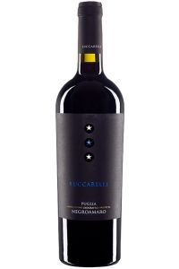 Flasche Luccarelli Negroamaro Puglia IGP 2025, vollmundiger italienischer Rotwein aus Apulien mit 14,5% Alkohol und Aromen von Brombeere.